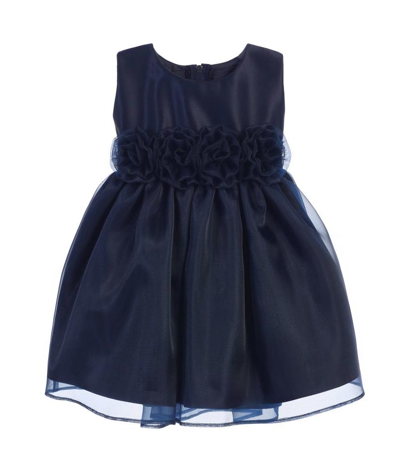 Satin with Organza & hand rolled flowers Navy SK B723