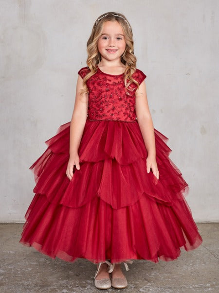 Layered Ruffle dress with illusions lace top Burgundy SK5791