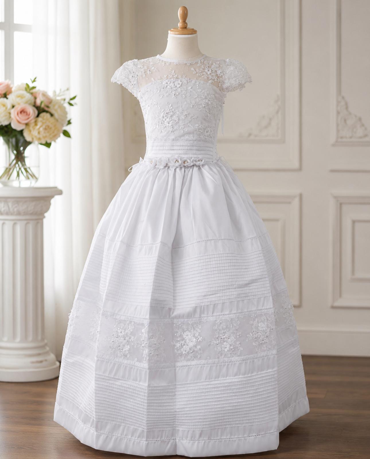Elegant White Girls’ Formal Dress with Textured Bodice and Full Skirt