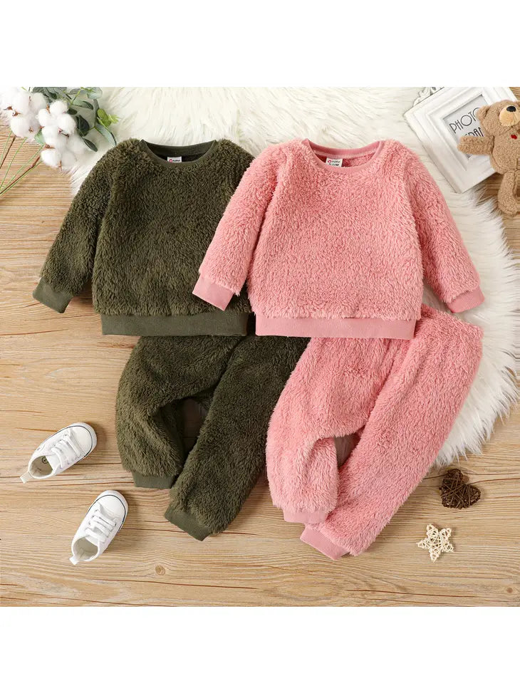 2pcs Baby Boy/Girl Thermal Fuzzy Pullover and Pants Set