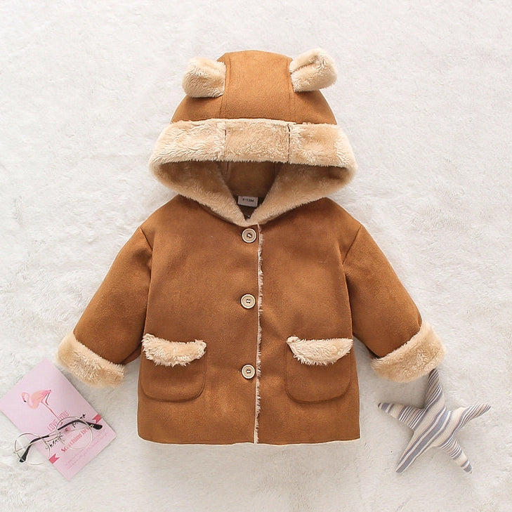 3D Ear Solid Suede and Fleece Baby Hooded Coat Jacket