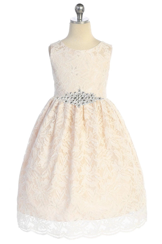 Lace V Back Bow Dress w/ Diamond Shape Rhinestone Trim