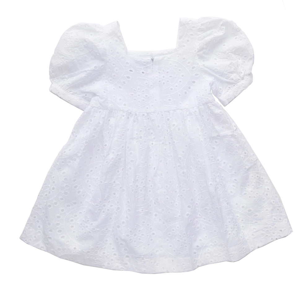 White Embroidered Eyelet Square Neck Puff-Sleeve A-Line Dress - Toddler & Girls