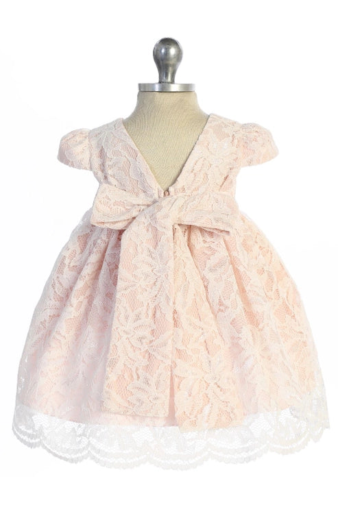 Lace V Back Bow Baby Dress w/ Diamond Shape Rhinestone Trim