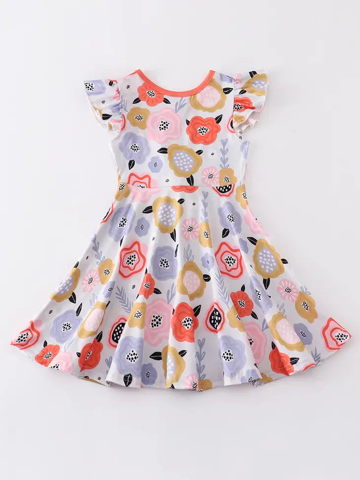Orange Floral Print Ruffle Dress