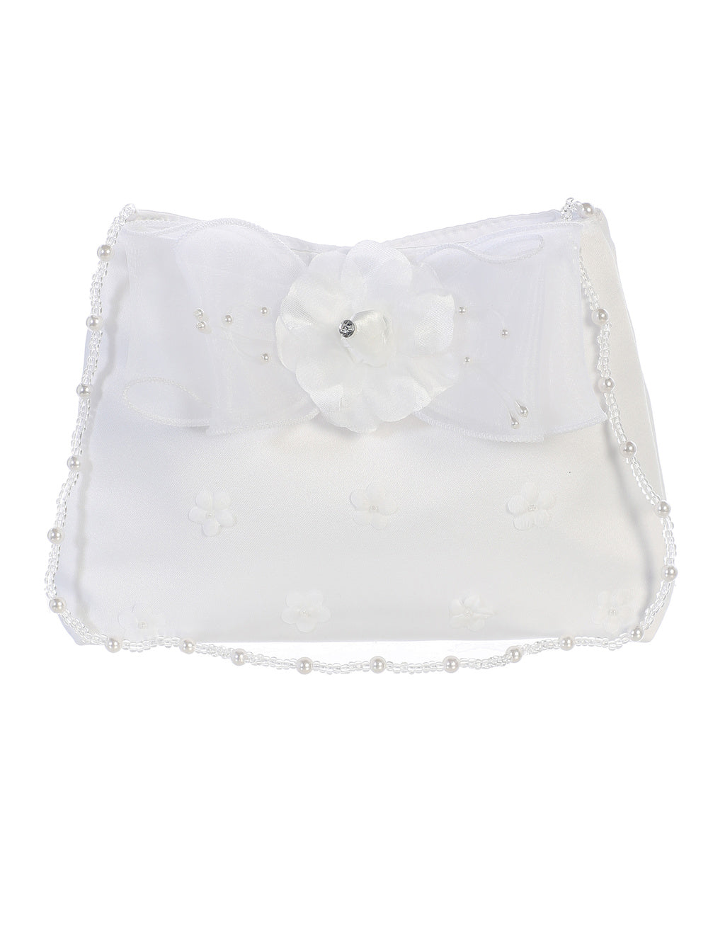 Satin Purse with Satin Flower Accents with a Bead and Pearl Strap