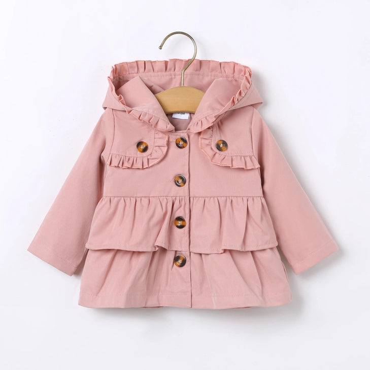 Baby Girl Pink Layered Ruffle Trim Hooded Button Coat
