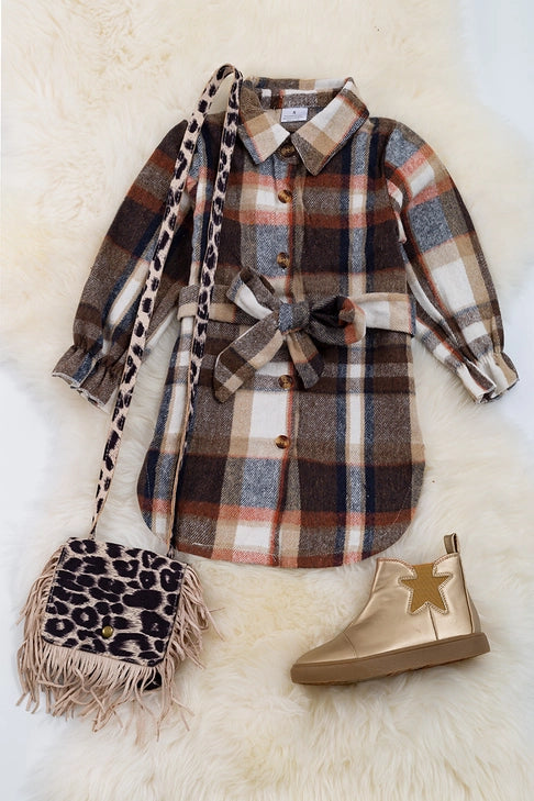 Girls Brown Plaid Dress/Cardigan with Belt. TPG60133005 Mary