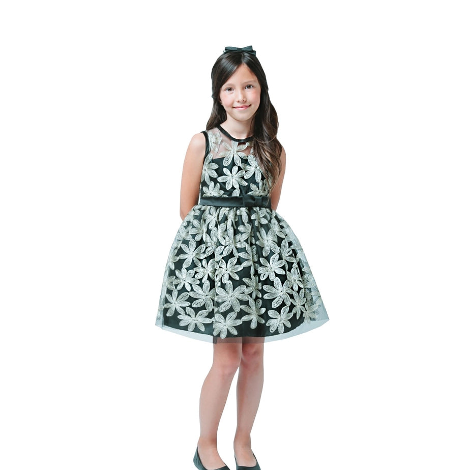 Gold Floral Embroidered Black Mesh