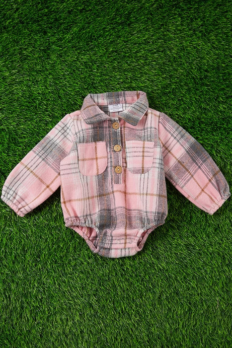 Pink Plaid Fleece Fabric Baby Onesie w/ Snaps