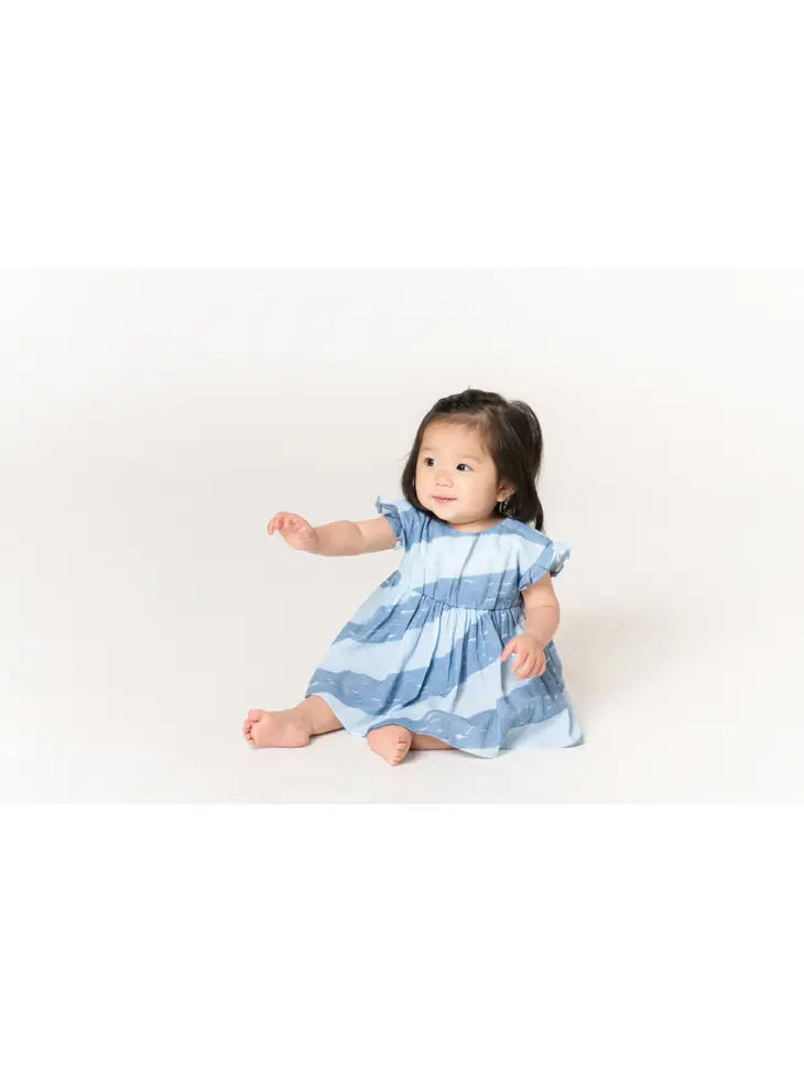 Baby Dress with Knife Pleated Sleeve Ruffle - Blue