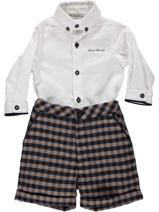 Set of White Shirt and Brown Plaid Shorts