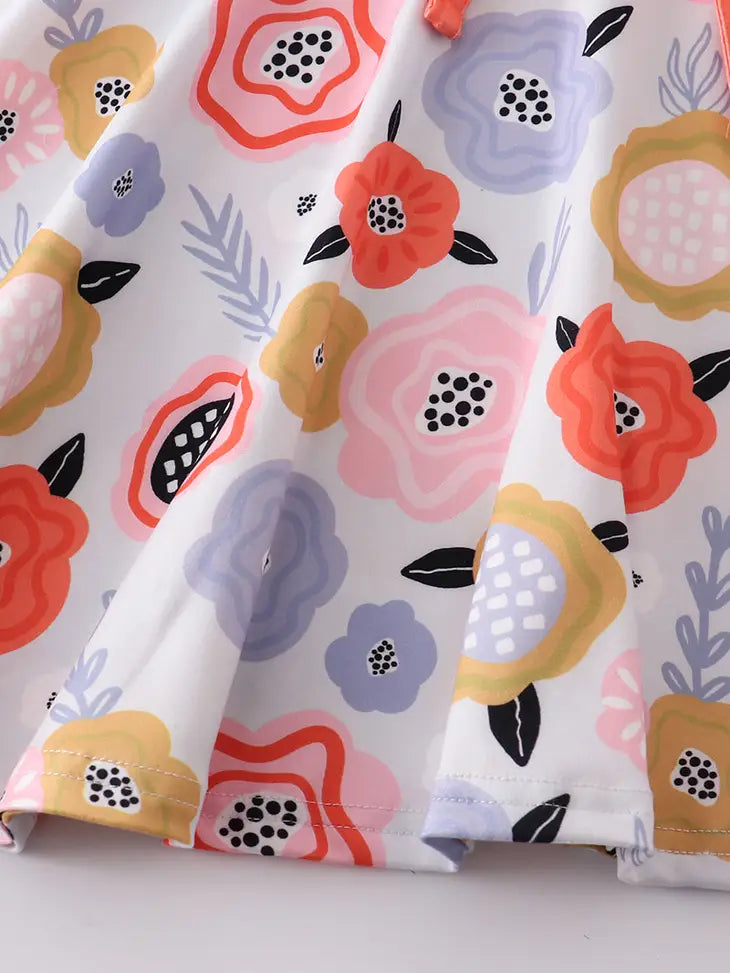 Orange Floral Print Ruffle Dress