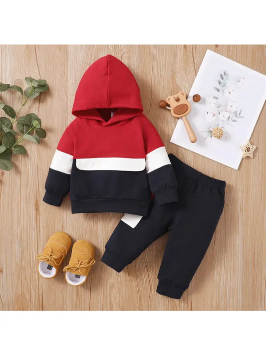2pcs Baby Color Block Long Sleeve Hoodie and Trousers Set