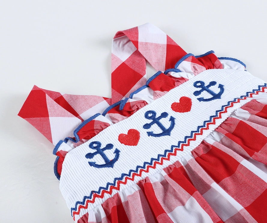 Red Gingham Anchors & Hearts Embroidery Dress