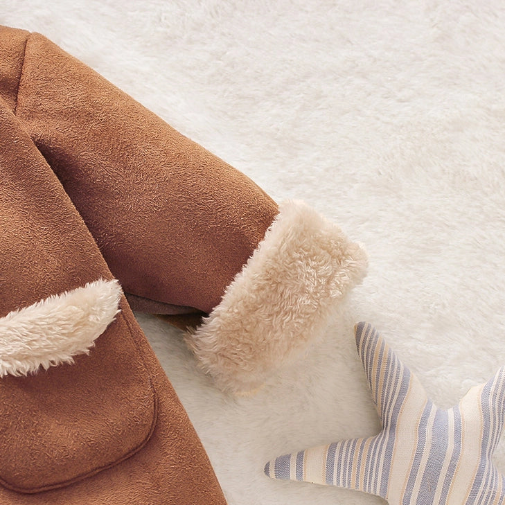 3D Ear Solid Suede and Fleece Baby Hooded Coat Jacket