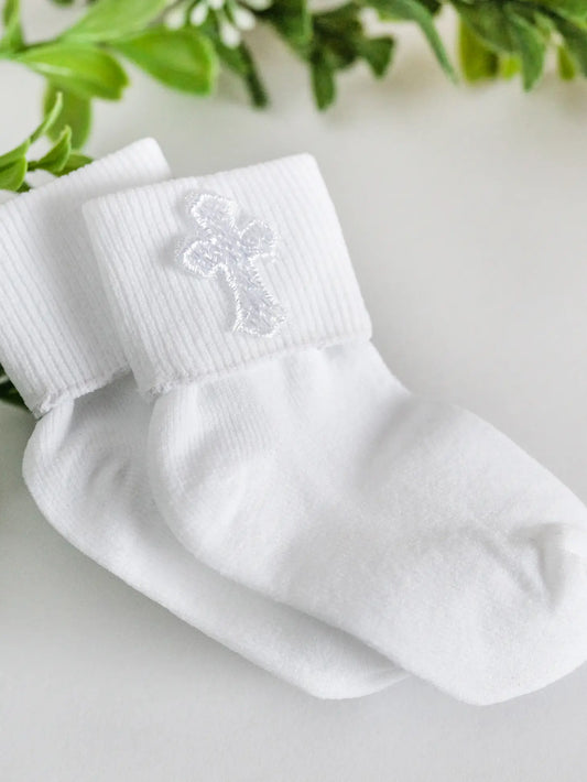 White Baby Baptism or Christening Dress Socks with Cross