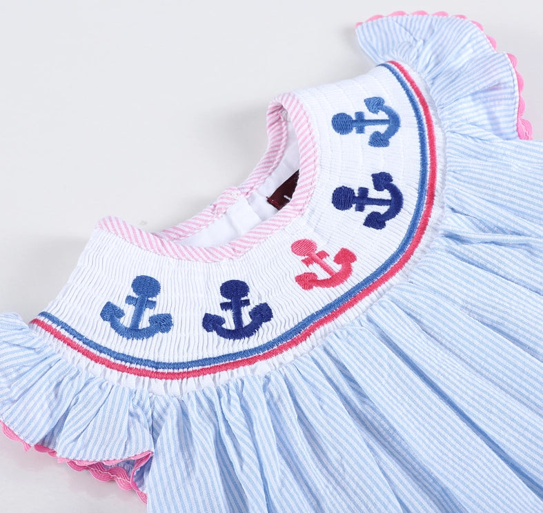 Pink + Blue Striped Smocked Baby Bishop Dress with Anchor