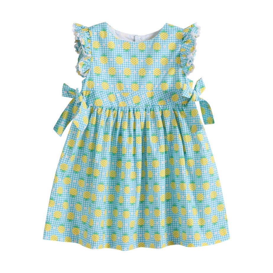 Blue Gingham Pineapple Print Baby Ruffle Dress