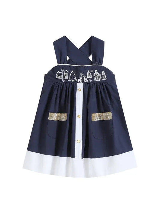 Navy and Gold Christmas Scene Baby A-Line Dress