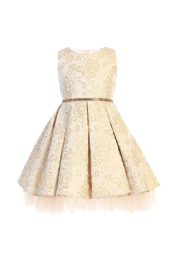 Metallic Floral Pleated Jacquard w/ Peek A Boo Tulle