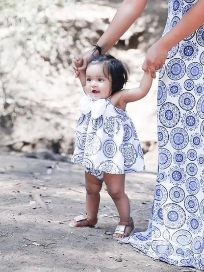 Blue & White Medallion Baby Girl Organic Cotton Bow Dress