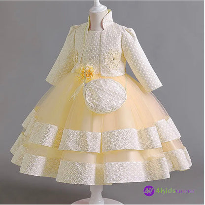 Puffy Dress for Girls Jacquard Pattern Tulle Patchwork Children Clothing 3D Appliques Casual Birthday Dresses
