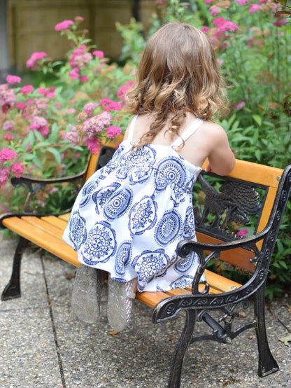 Blue & White Medallion Baby Girl Organic Cotton Bow Dress