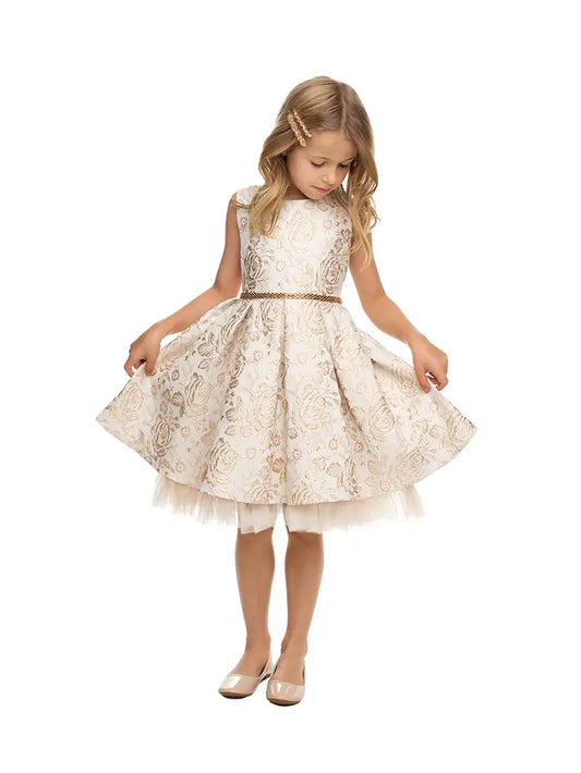 Metallic Floral Pleated Jacquard w/ Peek A Boo Tulle