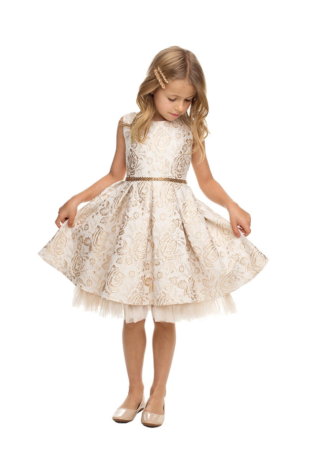 Metallic Floral Pleated Jacquard w/ Peek A Boo Tulle