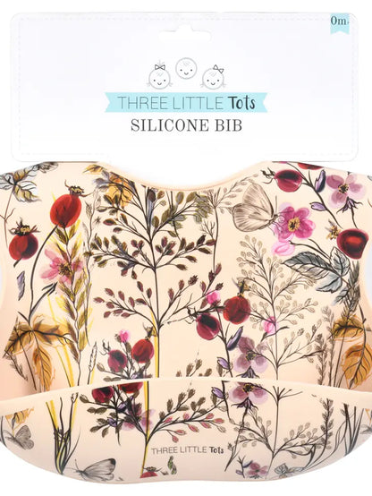 Flower Print Silicone Bib with Crumb Catcher