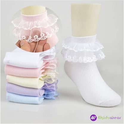 children cute double lace kids socks 100% cotton school teen socks crew white girls sock
