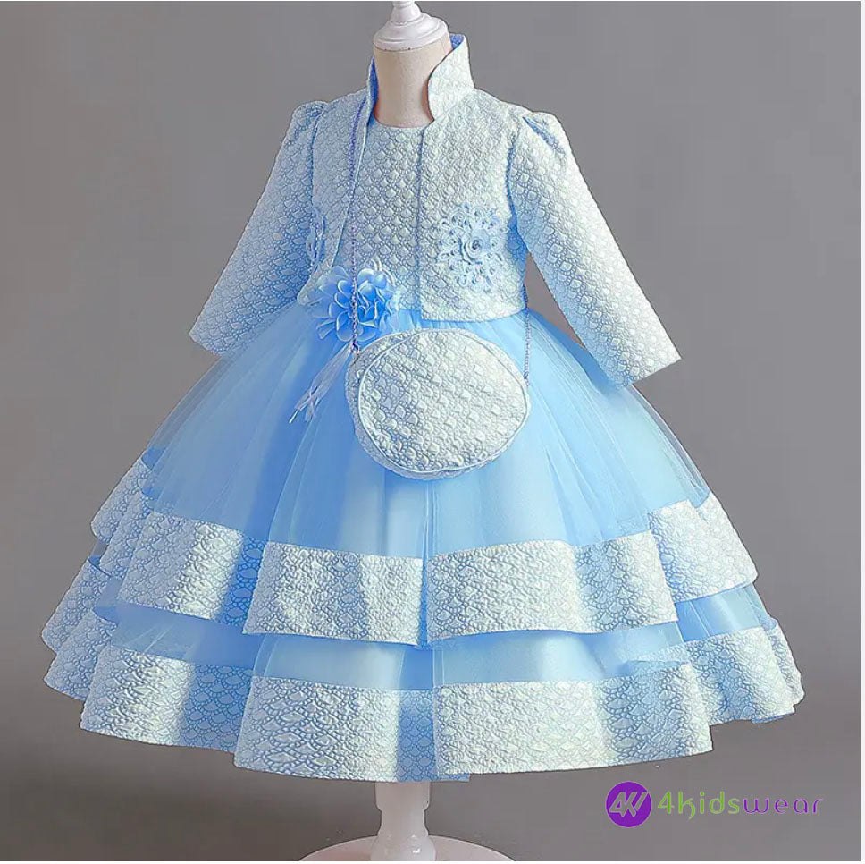 Puffy Dress for Girls Jacquard Pattern Tulle Patchwork Children Clothing 3D Appliques Casual Birthday Dresses
