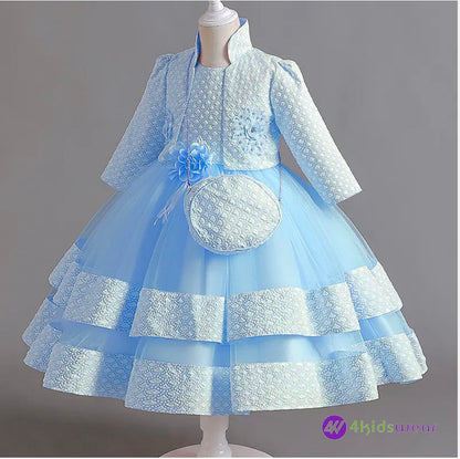 Puffy Dress for Girls Jacquard Pattern Tulle Patchwork Children Clothing 3D Appliques Casual Birthday Dresses