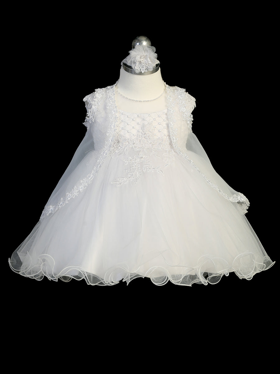 Infant Baptism Dress with Illusion Neckline and Tulle Skirt with Fish Wire Hem, Matching Vest and Headband is Included