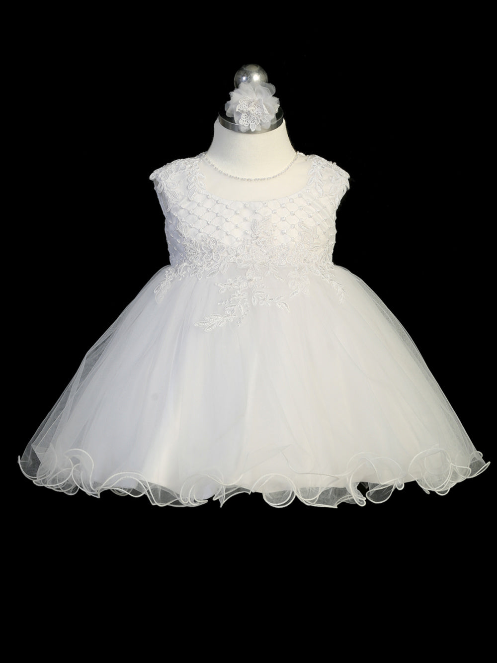 Infant Baptism Dress with Illusion Neckline and Tulle Skirt with Fish Wire Hem, Matching Vest and Headband is Included