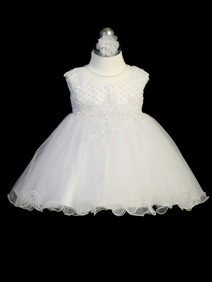 Infant Baptism Dress with Illusion Neckline and Tulle Skirt with Fish Wire Hem, Matching Vest and Headband is Included