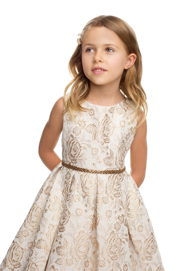 Metallic Floral Pleated Jacquard w/ Peek A Boo Tulle
