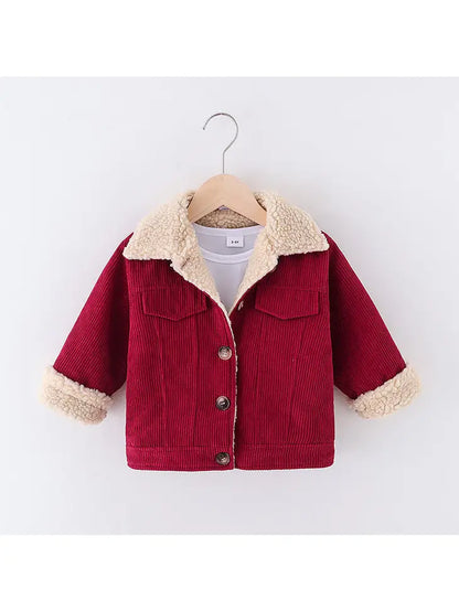 Toddler Girlboy Lapel Collar Button Design Fleece Lined Coat