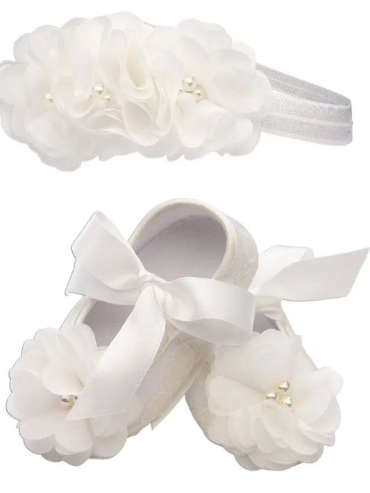 Ivory Lace Baptism Shoe and Headband Set For Baby Girls