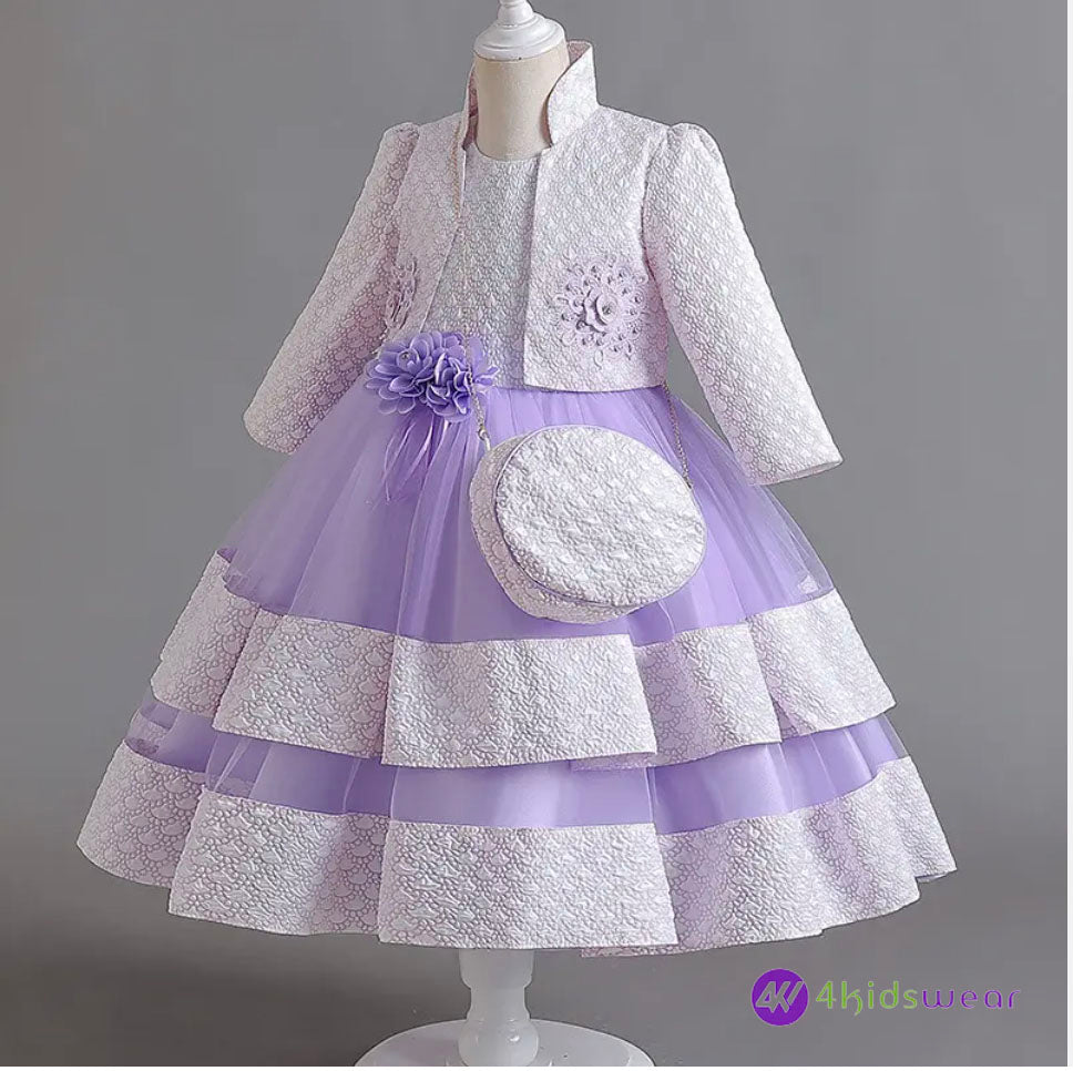 Puffy Dress for Girls Jacquard Pattern Tulle Patchwork Children Clothing 3D Appliques Casual Birthday Dresses