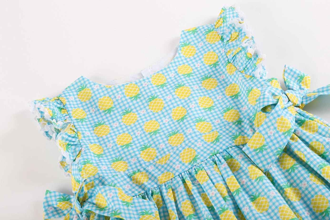 Blue Gingham Pineapple Print Baby Ruffle Dress