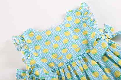Blue Gingham Pineapple Print Baby Ruffle Dress