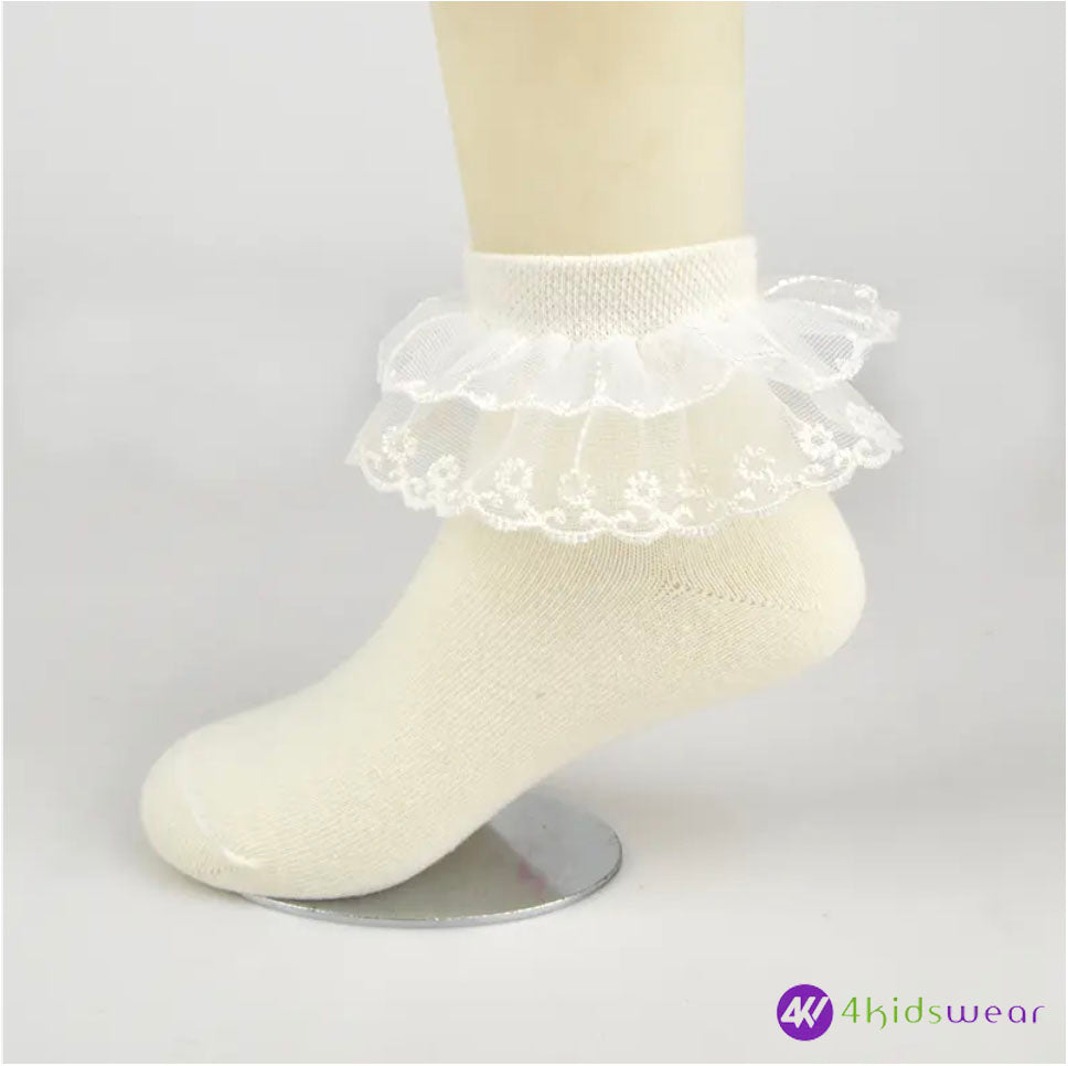 children cute double lace kids socks 100% cotton school teen socks crew white girls sock
