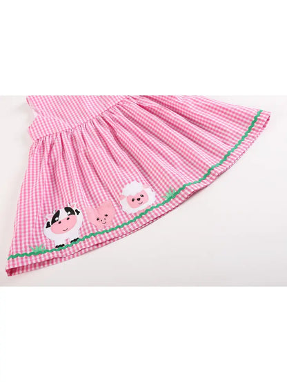 Pink Gingham Farm Animals Baby Dress