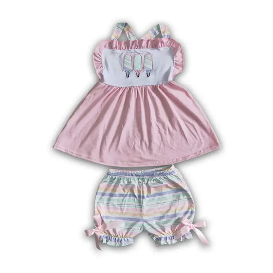 Popsicle embroidery stripe shorts girls summer clothes