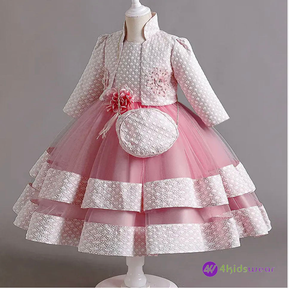 Puffy Dress for Girls Jacquard Pattern Tulle Patchwork Children Clothing 3D Appliques Casual Birthday Dresses