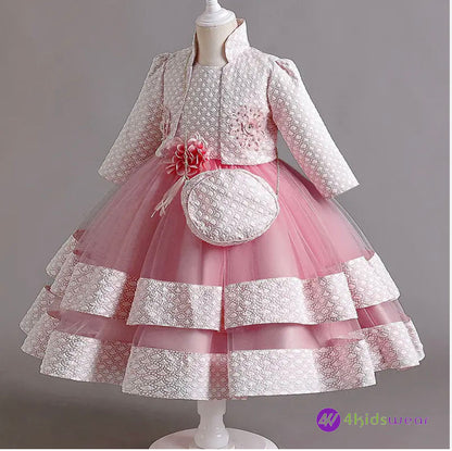 Puffy Dress for Girls Jacquard Pattern Tulle Patchwork Children Clothing 3D Appliques Casual Birthday Dresses