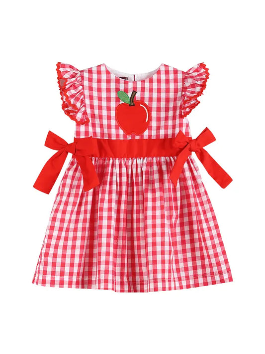Red Gingham Apple Tie-Accent Angel-Sleeve Baby Dress