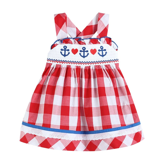 Red Gingham Anchors & Hearts Embroidery Dress